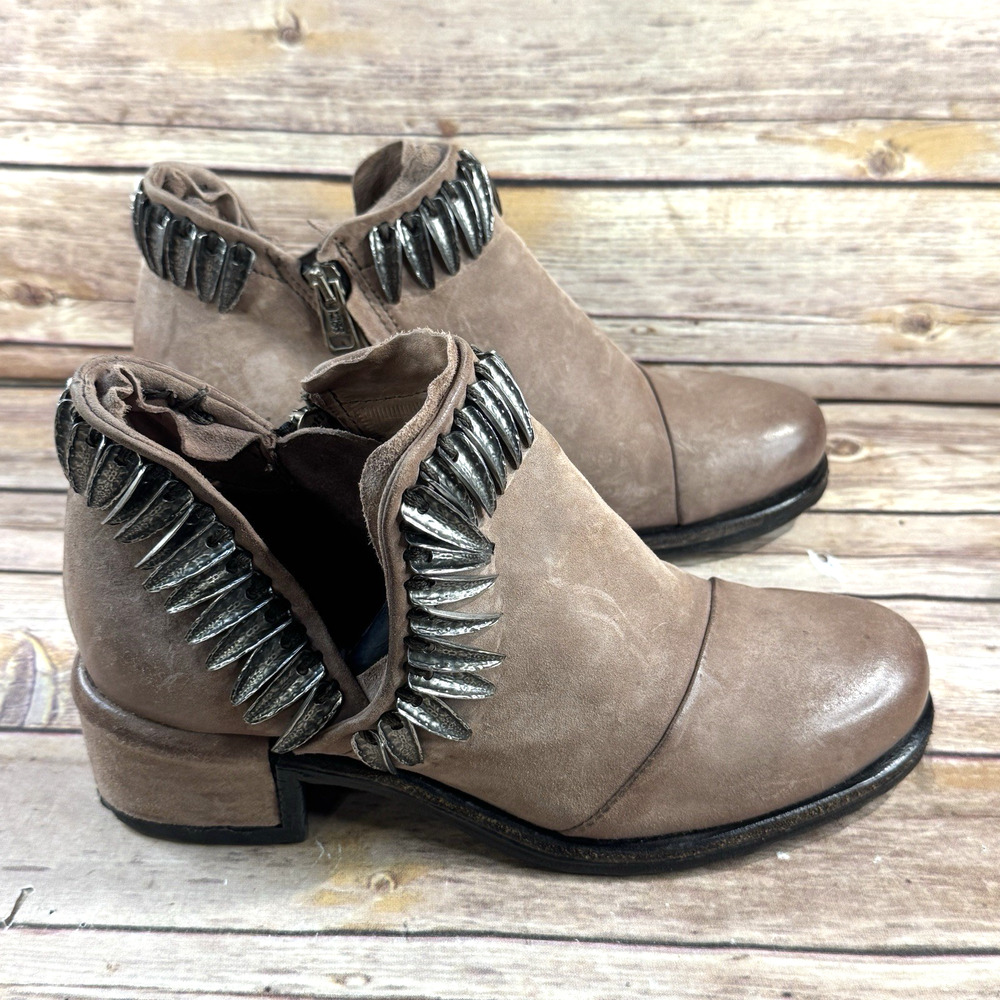 A.S. 98 Womens Taupe Brown Leather Iker Anklet Booties w/ Metal Feather Trim 7